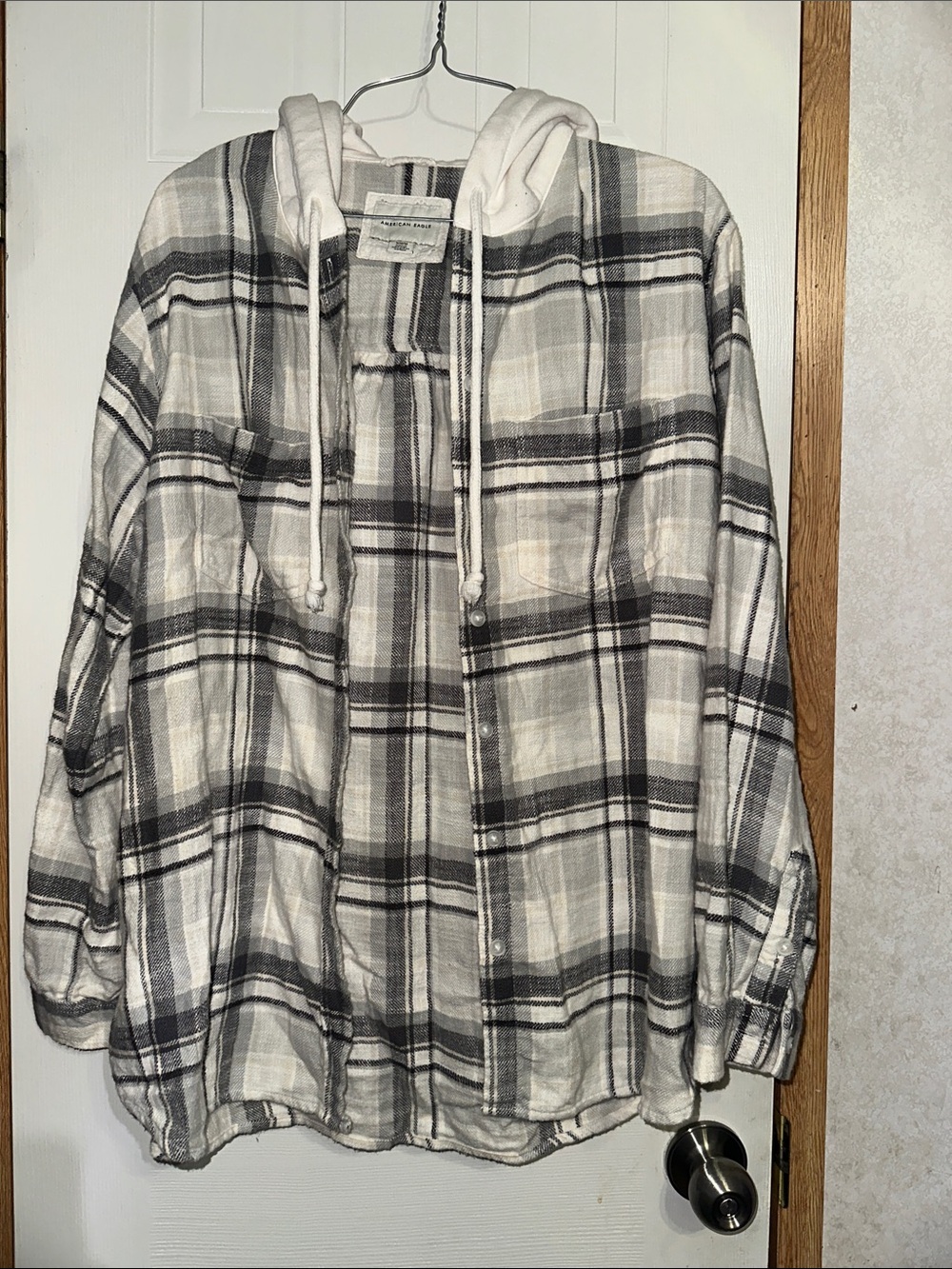 American Eagle Gray and Cream Plaid Hooded Shirt Jacket